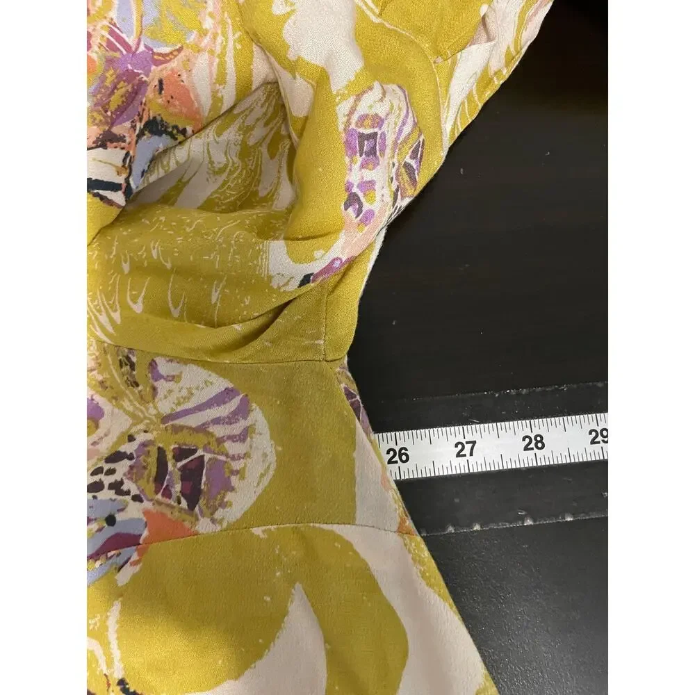 Free People Tunic Top Womens Large Green Floral Balloon Sleeve Boho Artsy FLAW